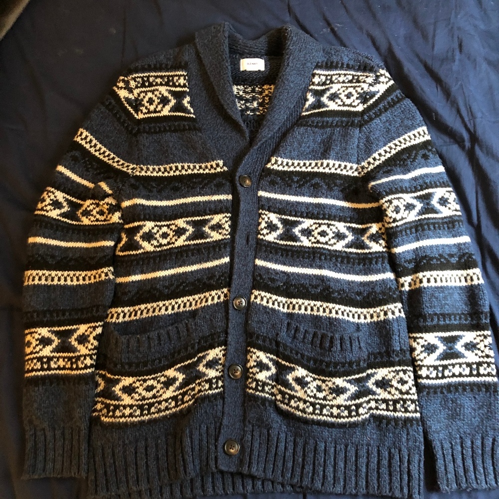 Old Navy Men's Blue Patterned Cardigan LARGE
